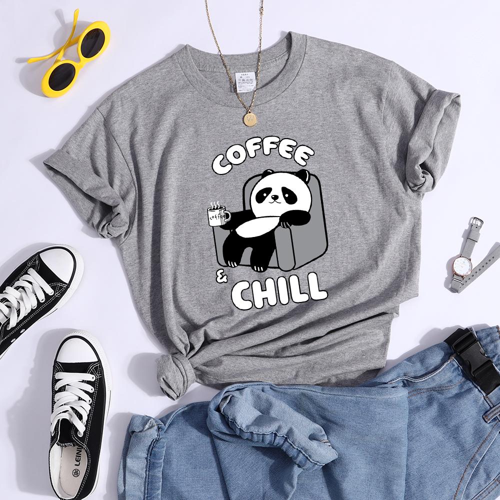 Coffee And Chill Kawaii Panda T Shirts Female Street Creativity T-Shirt Soft Casual Tee Clothes Hip Hop Cool Crop Tops