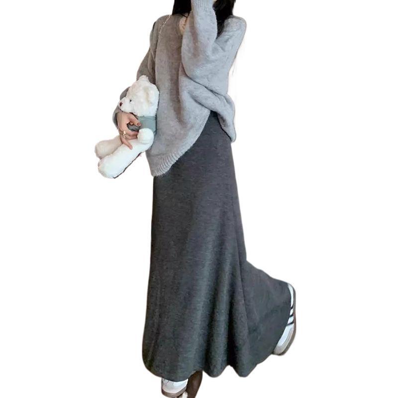 Women's High-Waist Gray Fishtail A-line Skirt – Elegant, Slimming Elastic Waist for Spring/Autumn