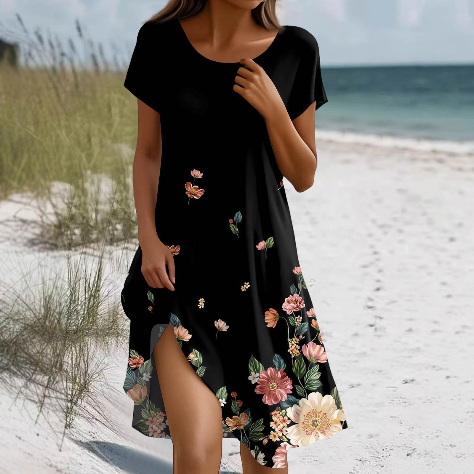 

Жіноча сукня в стилі бохо з коротким рукавом, повсякденна літня сукня вільного крою, плаття з квітковим принтом і кишенями L