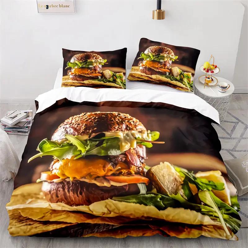 Kreativer Fast Food Bettbezug Pizza Hamburger Druck Bettdeckenbezug Mikrofaser Bettwäscheset King Queen für Kinder Teenagerzimmer Deko