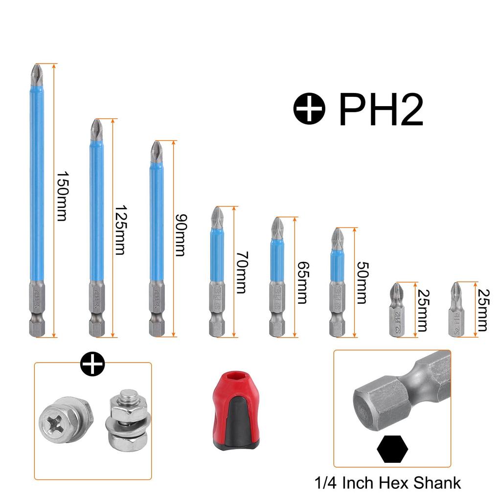 uxcell Screwdriver Bit S2 Hex Magnetic Power Drill Bits 12-Piece Set, PH2, Steel, 25-150mm Long, 1/4" Shank, Crosshead,