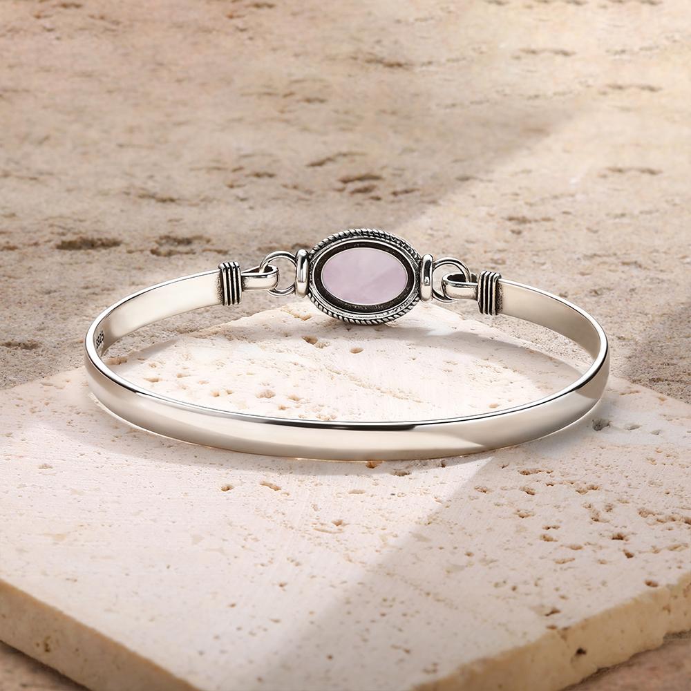 Vintage 925 Silver Natural Rose Quartz Bangle Handmade Oval 10*14mm Pink Natural Stone Bracelets Gifts Fine Jewelry for Women