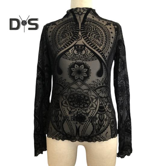 Damen Tops Rundhals Langarm Slim Fit Frühling Herbst Pullover Tops Durchsichtiges geometrisches Spitzenblumennetz T-Shirt