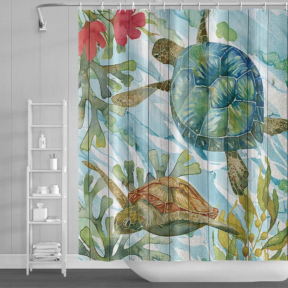 Fun Cartoon Sea Animal Shower Curtain, Sea Turtle Octopus Jellyfish Whale Crab Sea Life Landscape, Bathroom Shower Curtain Set
