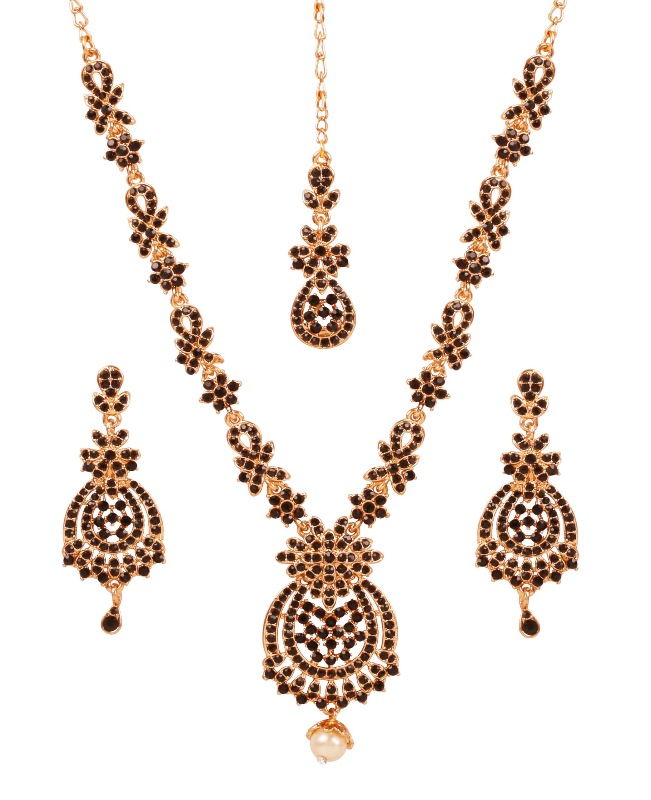 Touchstone Indian Bollywood Stunning Fine Workmanship Stud Diamond Look Faux Onyx Rhinestone Pearl Hanging Designer Jewelry Necklace for Women,