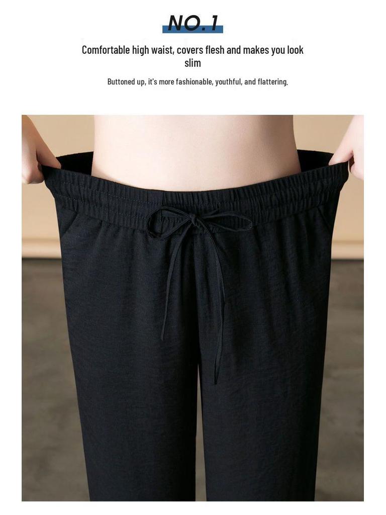 Women's Wide-Leg Ice Silk Linen Pants: Summer Thin, High-Waist, Elastic, Casual Style