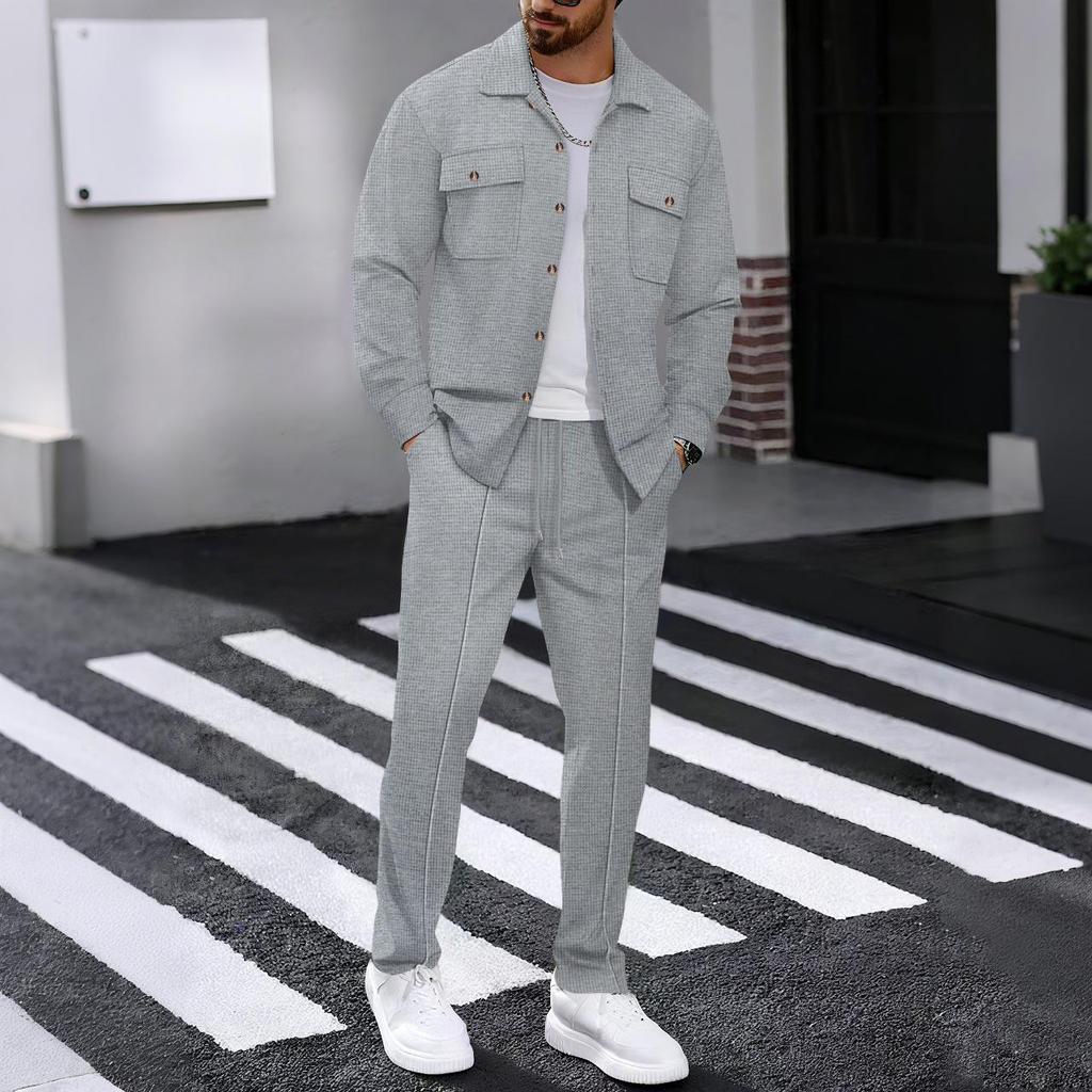 Men's Double-Pocket Waffle Two-Piece Set: Long-Sleeved Shirt and Pants for Autumn