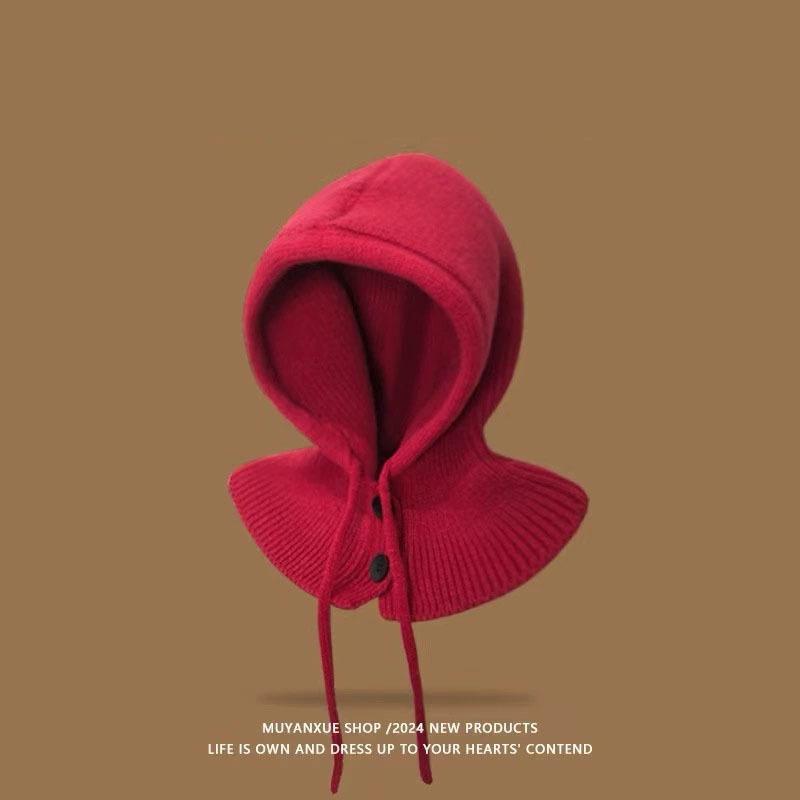 Winter Knitted Hooded Scarf Hat Women Warm Ear Protection Cap Outdoor Cycling Cold-Proof Integrated Neck Warmer Fashion Hat