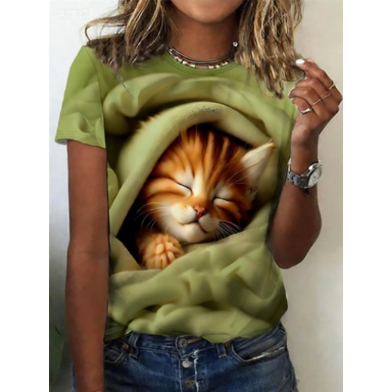 3D Cat Print T-shirt Women's Round Neck Short Sleeve Spring and Autumn Casual and Versatile