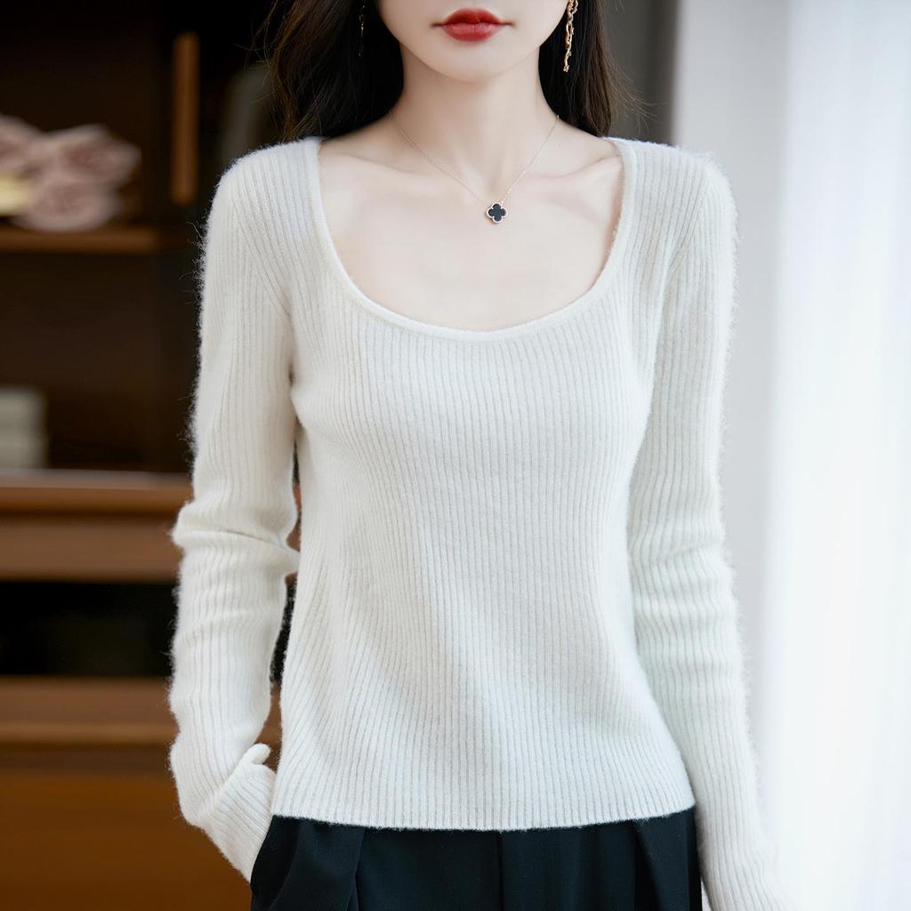 Women's 2025 Autumn/Winter U-Neck Pure Wool Slim-Fit Sweater