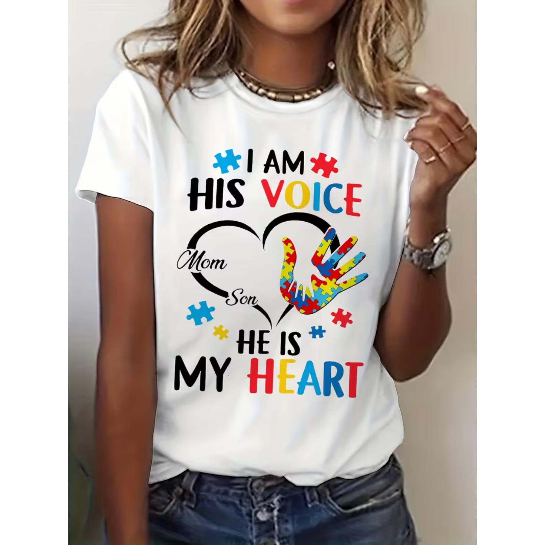 I AM HIS VOICE Autism Awareness T-Shirt - Colorful Graphic Tee Featuring Puzzle Pieces and Heart Design, Casual Crew Neck Top S белый