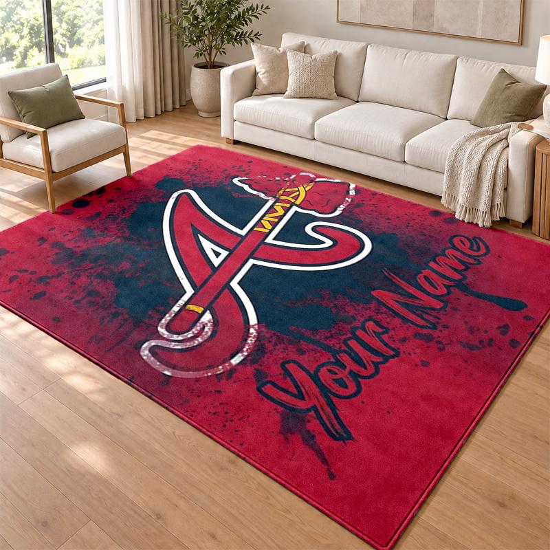 Atlanta Braves Custom Name Personalized Rug Non‑Slip Doormat Floor Carpet Housewarming Birthday Gift for Family Friends