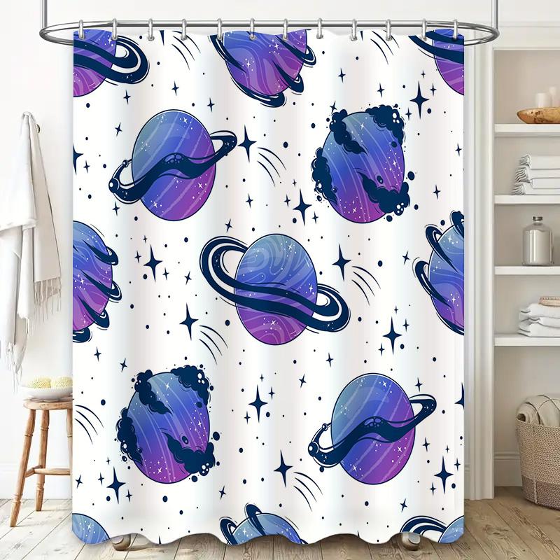 Space Pattern Shower Curtain with Rings Blue and Purple Space Nebula Print for Bathroom Decorations Home Accessories Size72 x 78
