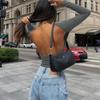 Streetwear Oneck Slim Outfits Women Long Sleeve Backless Tshirts Cropped Tops Solid Color