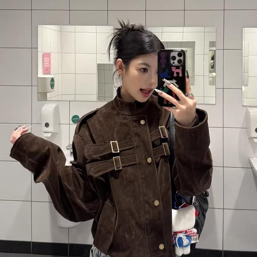 Damen Hirschlederjacke Kurzer Mantel Herbst Neu Koreanischer Stil High-End Lockerer Oberteil für zierliche Frauen Oberbekleidung