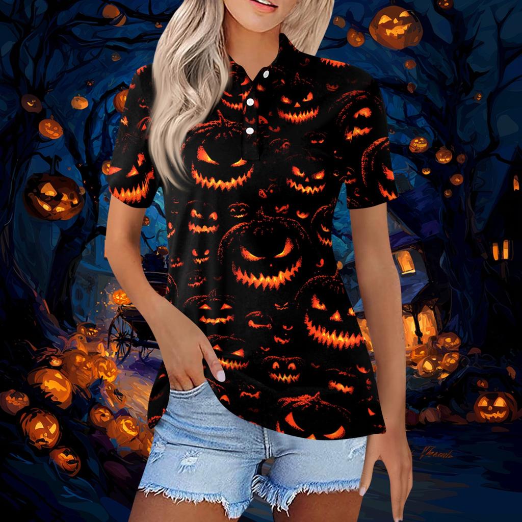 Women's Short Sleeve Button Down Collared Top with Halloween Print - Casual Fashion Blouse with Side Slits