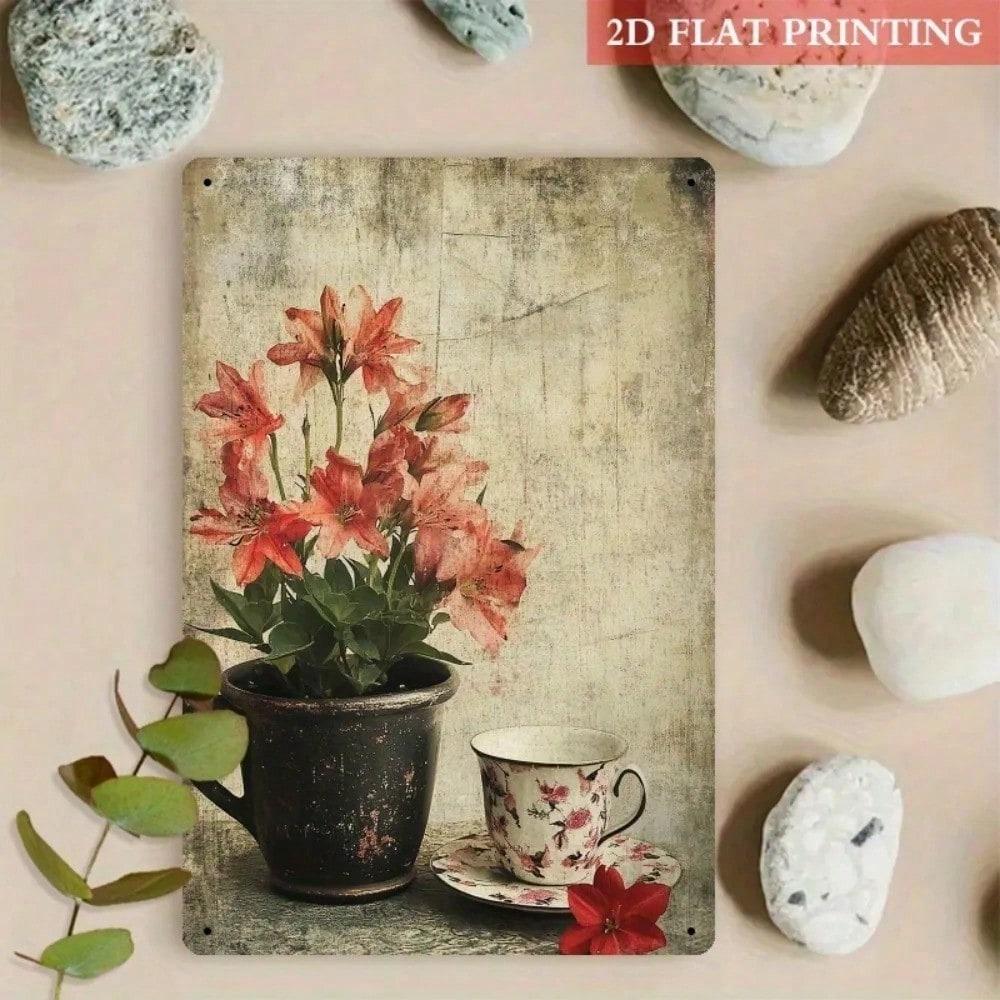 

Vintage Tea Flower Metal Wall Art, Rustic Kitchen Decor