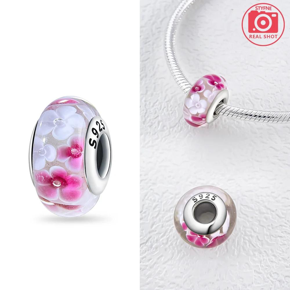925 Silver Bracelet Women Diy Jewelry Gift Accessories Charms Beads Pink Murano Glass Blue Flower Butterfly Beads