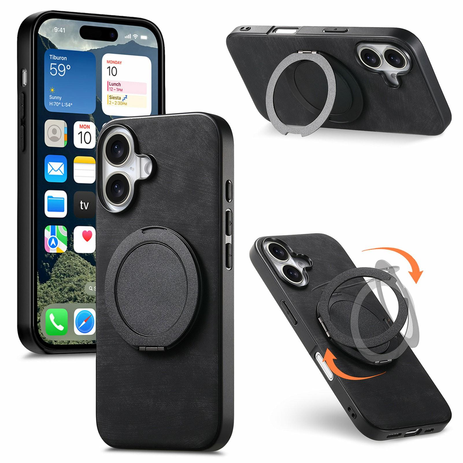 

For iPhone 17 Phone Case with Rotating Kickstand Stress Relief Retro Leather Back Cover