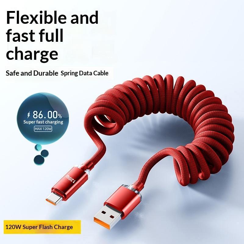 120W Car Type C To Usb C Fast Charging For Phone Usb A To Type C Spring Telescopic Cable For Car Travel Office Use