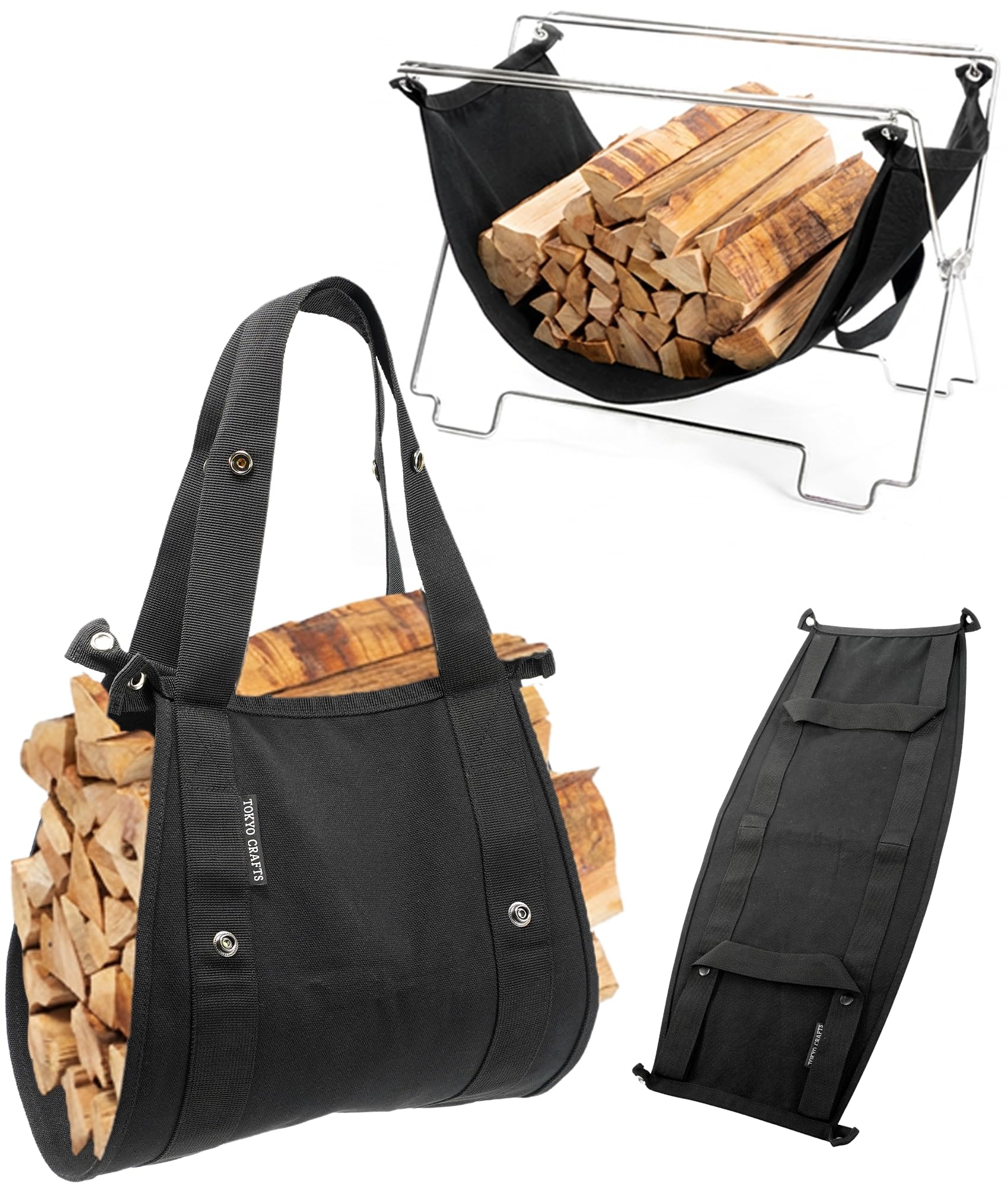 TOKYO CRAFTS Cord Unit Firewood Holder [2-Way/Firewood Stand/Carry Bag/Canvas] for Bonfires, Firewood Storage, Camping, and Outdoor Activities