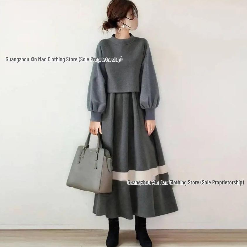 2025 Korean Style Women's Color Block Long Sleeve Dress for Autumn/Winter