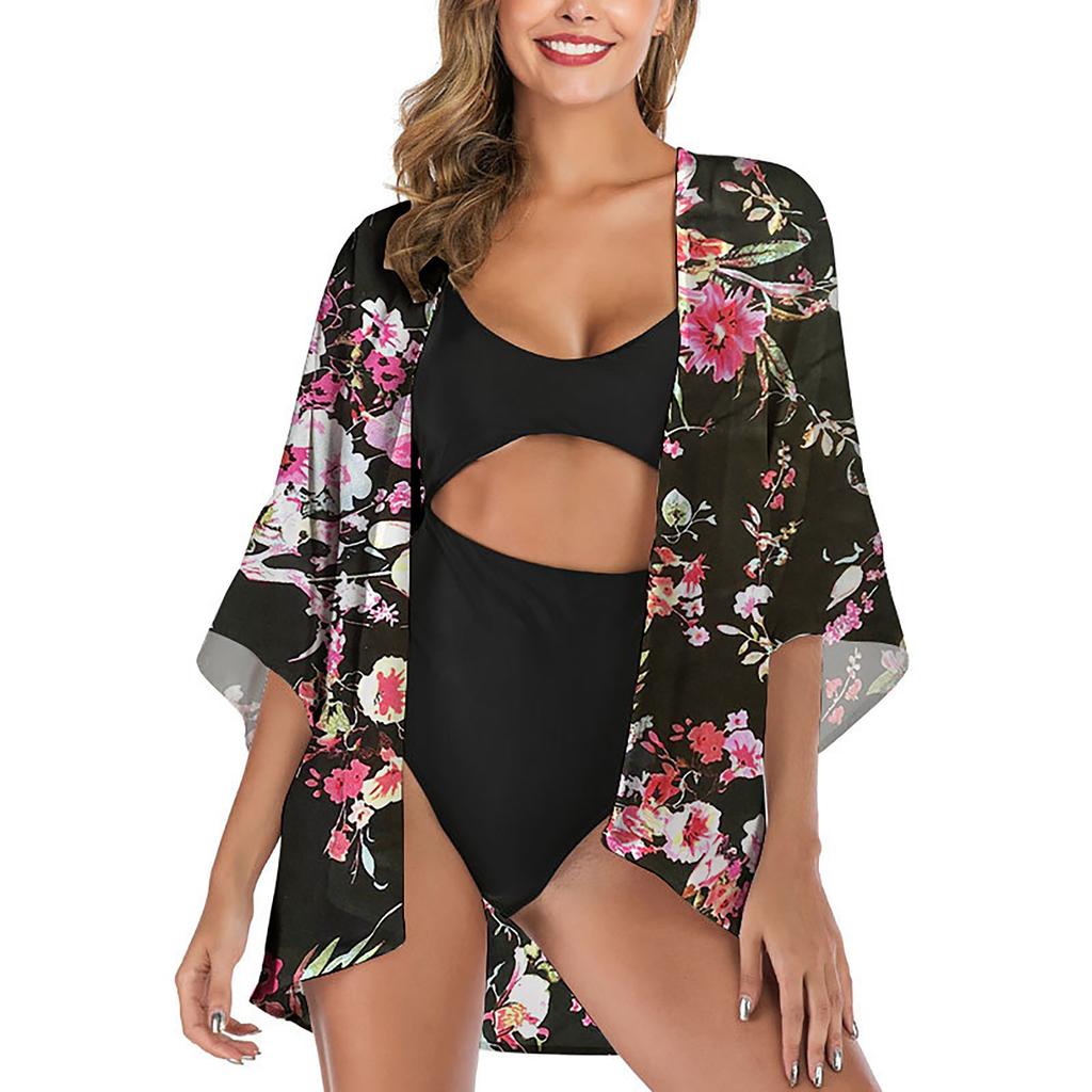 Women Chiffon Floral Print Kimono Loose Half Sleeve Shawl Cardigan Cover Up Tops