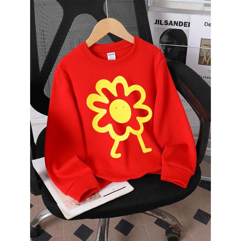 European Sizes Kids' Crewneck Sweatshirt - Yellow Flower with Face And Legs , Sportswear And Casual Wear, Soft And Comfortable, Children's Clothing