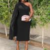 Women's Autumn Fashion Slanted Shoulder Solid Color Pressed Pleated High Waist Sheath Dress Skirt African Dress