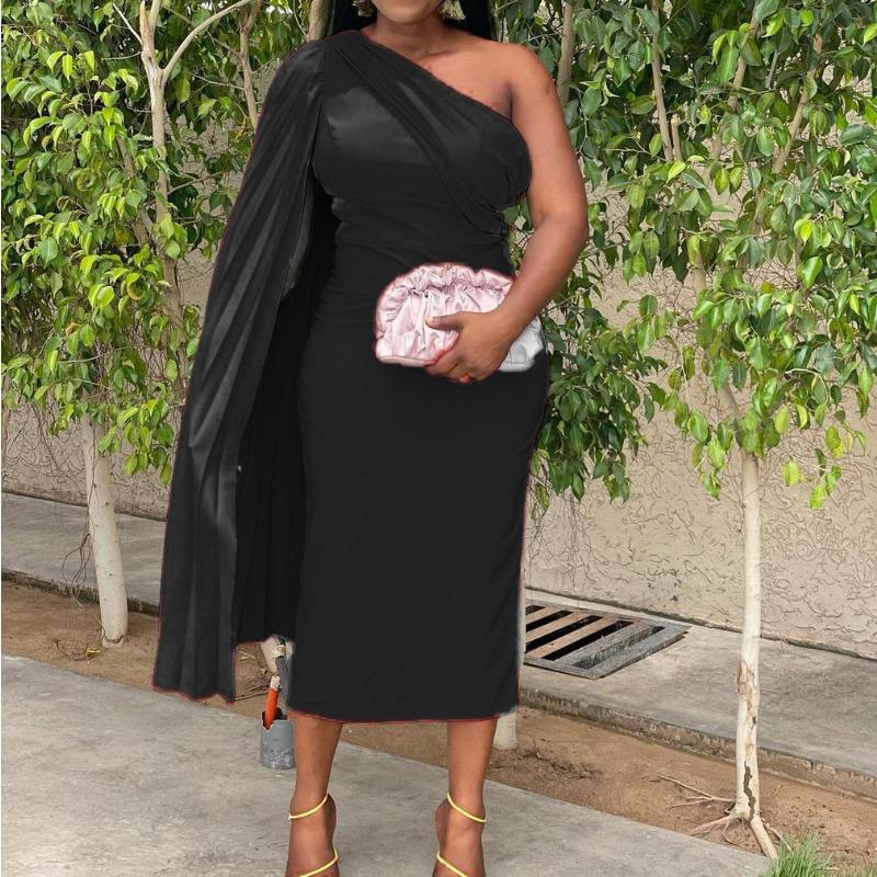 Women's Autumn Fashion Slanted Shoulder Solid Color Pressed Pleated High Waist Sheath Dress Skirt African Dress