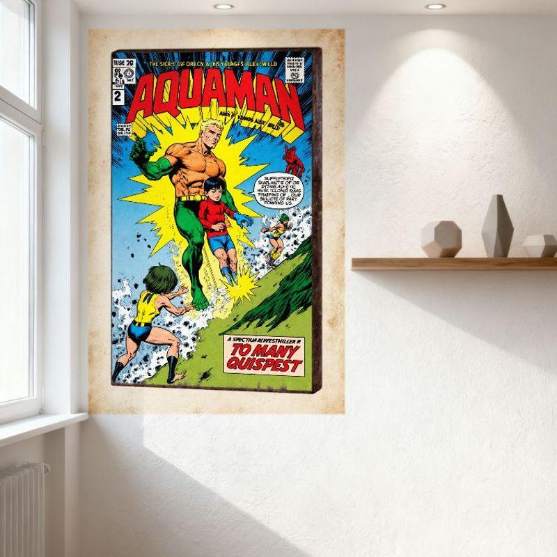 Vintage Aquaman #2 Comic Cover Metal Tin Sign, 1960s 70s Style, 35 Cents Price, Action Scene with Characters, Home Bar Man Cave