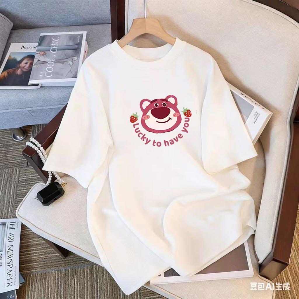 Girls Pink Cotton T Shirt Summer Cartoon Short Sleeve Round Neck Top For Big Kids Fashionable Casual Tee