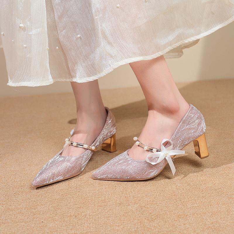 New One-line with Pointed Toe Shallow Single Shoes Feminine Pearl Bow Non-tiring Feet Non-slip Block Heel High Heels