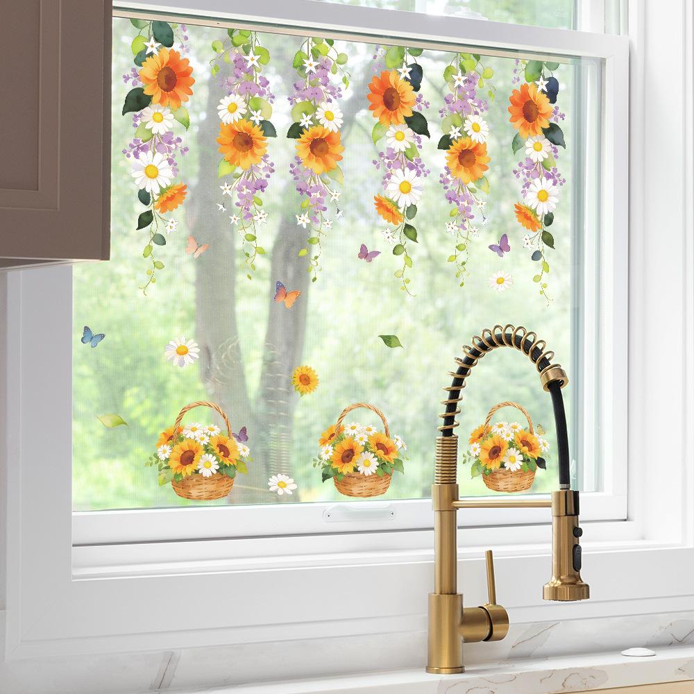 Painted Sunflower Flower Basket, Outdoor Balcony Glass Display Window Sticker