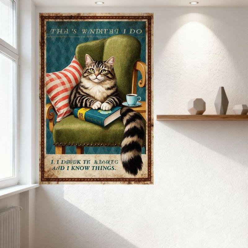 Vintage Tabby Cat with Tea & Book Tin Sign Whimsical Retro Metal Poster for Bar Pub Home Cafe Wall Decor