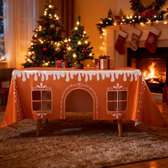 Christmas Gingerbread House Tablecloth 7.55 X 9.84 Ft Tablecloth with Cut-Out Door Windows Table Cover Playhouse for Family Gathering Party Supplies