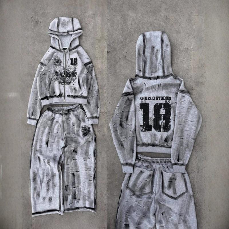 Vintage American Graffiti Print Hooded Cardigan Set Loose Fit Streetwear Teens