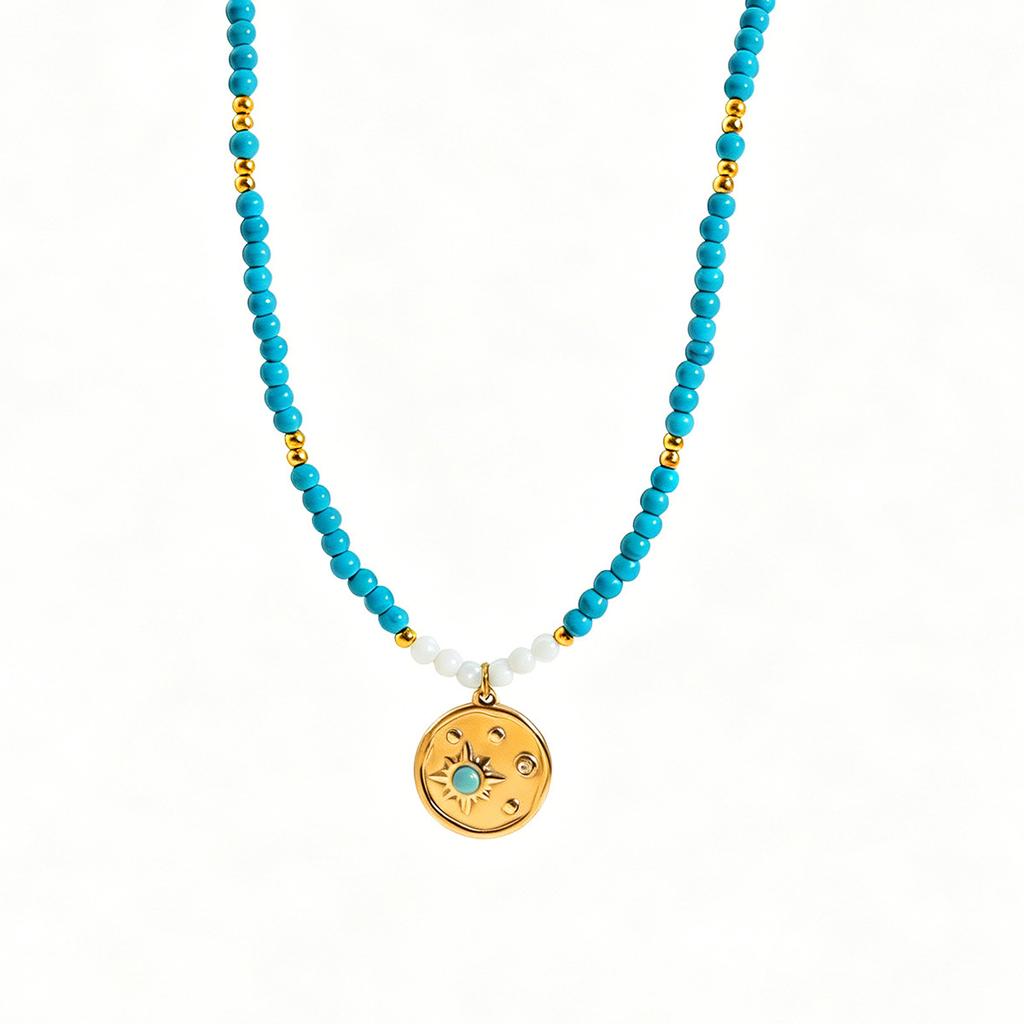 Stainless steel multi-layer stacked turquoise bead sun round necklace bohemian vacation wind collarbone chain