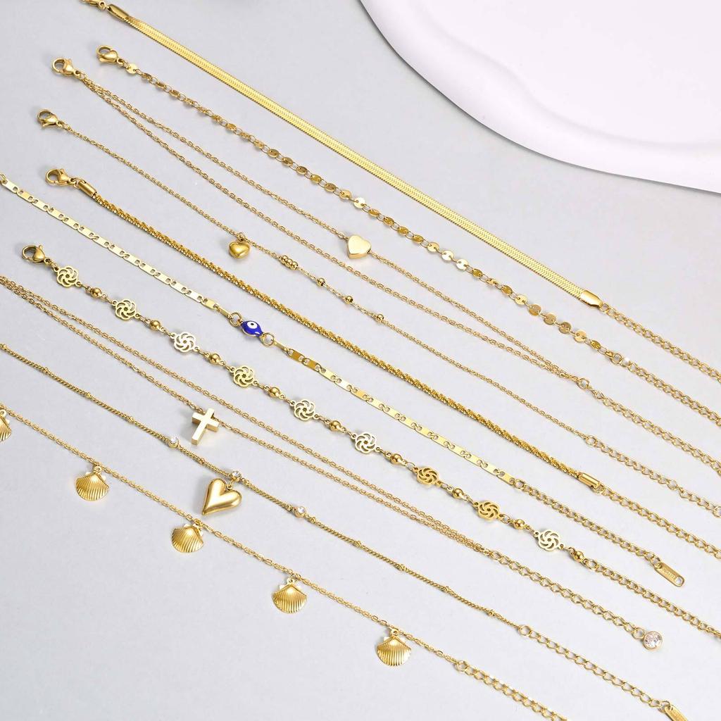 Stainless Steel Anklets Bracelet for Women, Flower Heart Seashell Charms Layered Anklets, Waterproof Gold Plated Anklet