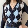 2024 Autumn Women's American Retro V-neck Diamond Pattern Cropped Knit Cardigan
