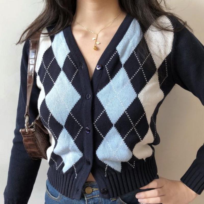 2024 Autumn Women's American Retro V-neck Diamond Pattern Cropped Knit Cardigan
