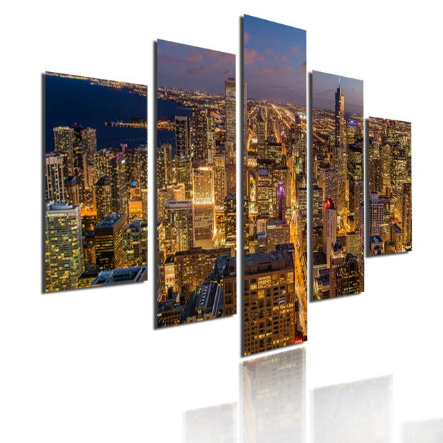 5 Pieces Modular Picture Bustling Cityscape Poster HD Printed Wall Art Modern Metropolis Skyscrapers Canvas Painting Home Decor