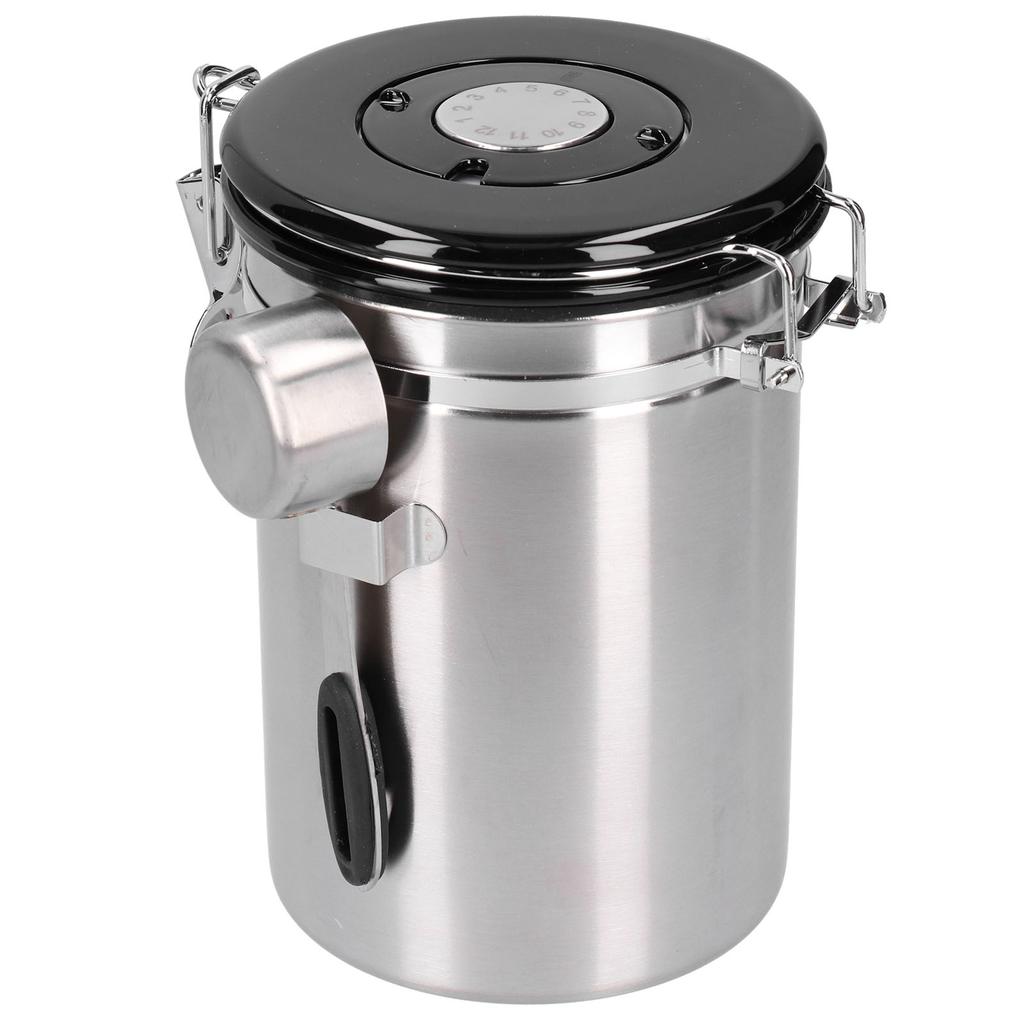 Recipiente para Grãos de Café com Válvula de Exaustão Recipiente para Armazenamento de Folhas de Chá para Uso na Cozinha(Colher de prata