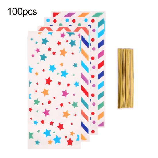 100Pcs Colorful Candy Bags Assorted Dot Stripe Star Pattern Cellophane Treat Bags