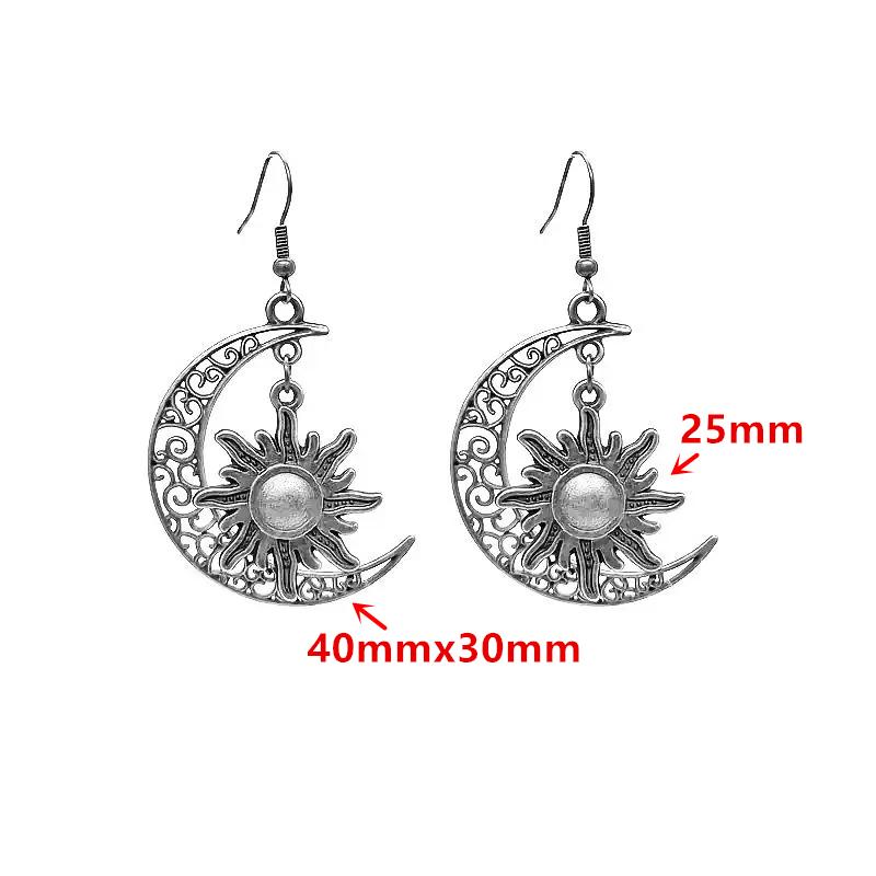 Vintage Silver Color Crescent Moon & Sun Filigree Dangle Earrings Fashion Celestial Jewelry for Women