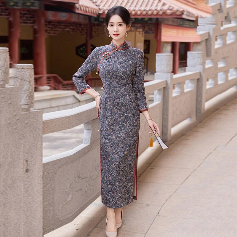 Elegant Long Sleeve Cheongsam Dress Women Vintage Inspired Modern Qipao Outfit Medium