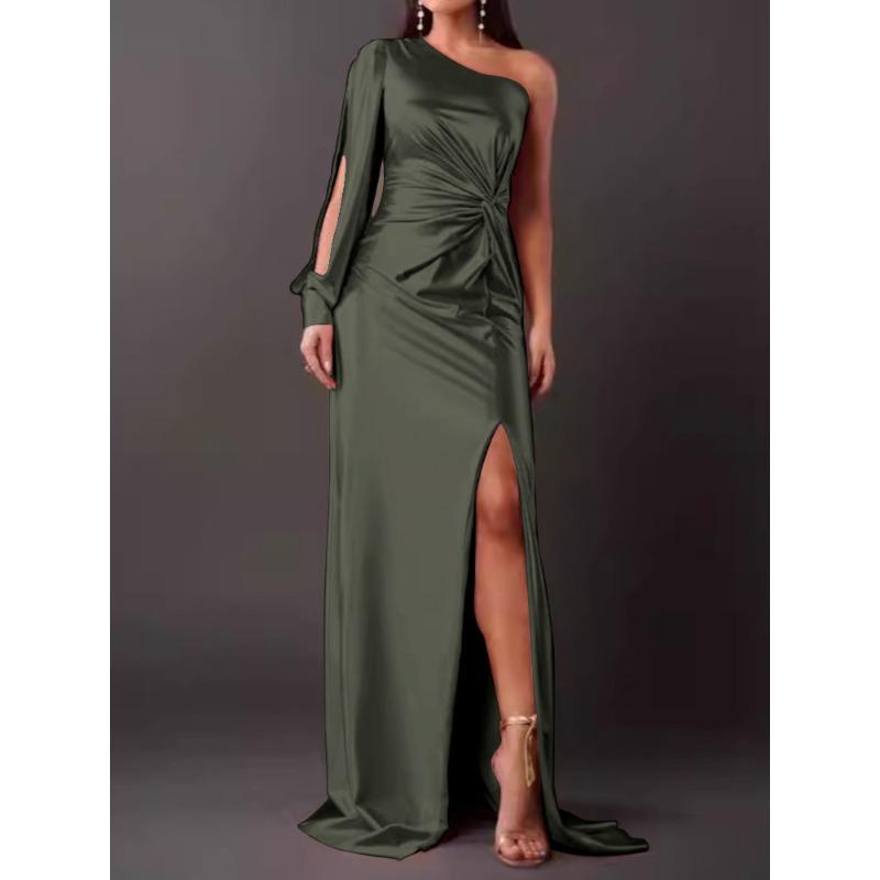 Summer New Women's Clothing Diagonal Collar Shoulder Sleeve Pleated Waist Split Sexy Dress