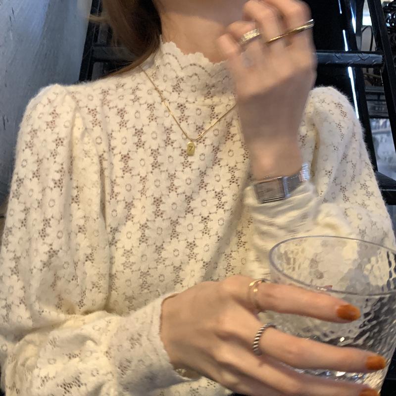 Hollow Out Frosted Lace Blouse Spring Autumn Top Women Korean Slim Fit Zippered Half High Collar Base Shirt