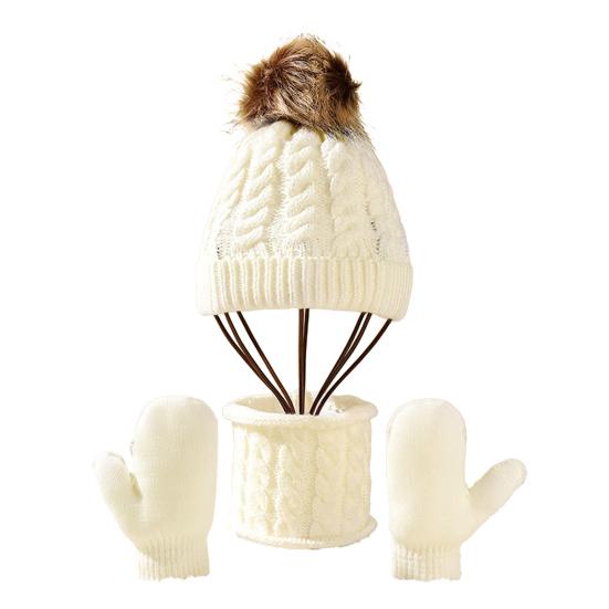 3Pcs/Set Kids Hat Scarf Glove Set Plush Ball Decor Twist Texture Thickened Warm Brimless Hat Long Scarf Touch Screen Gloves Set