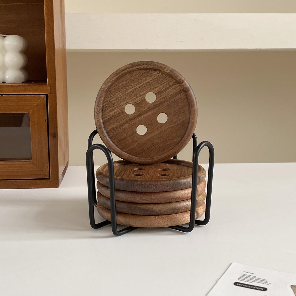 6-Piece Original Colorful Button Coaster Set with Cross-Shaped Iron Rack Coaster Holder Dopamine Round Wooden Coasters Exquisite Coffee Cup Holders